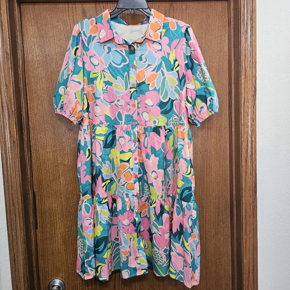 Floral Babydoll Plus Dress with Puff Sleeves Size 2X Tropical Dress Midi